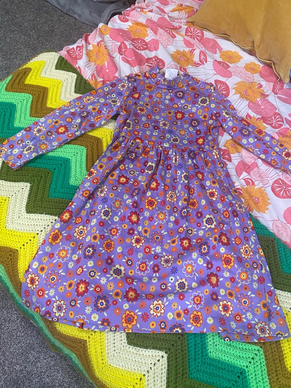 Girls' Purple Floral flower power Long-Sleeve Dress sz 130